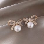 Fashion Dainty Full Diamond Bow Pearl Earrings - Image 2