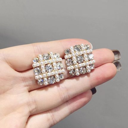 Gold Color Square Stud Earrings - Luxury Elegant Crystal Rhinestone Wedding Earrings for Women