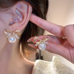 Fashion Dainty Full Diamond Bow Pearl Earrings
