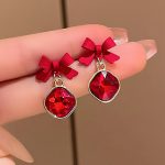 Rhinestone Drop Earrings – Korean Fashion Earrings with Red Bow