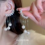 Fashionable Trendy Feather Shape Zircon Rounded Pearl Stone Earrings - Image 3
