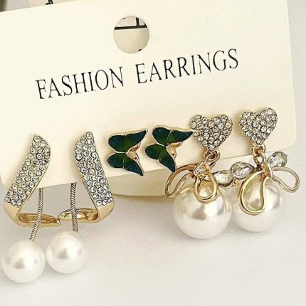 3 Pair- Korean Love Shape Zircon Pearl Stud Stone and Butterfly Earrings Set