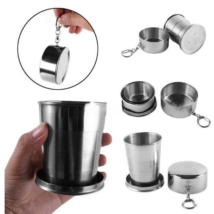 H416bbd8801844ed0b1135e39e31e56926 2 pcs- 150 ML Stainless Steel Folding Cup & Camping Cookware Retractable Water Bottle - Image 1