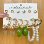 9 Pair- Korean Trendy Pearl Stud and Zircon Stone Combination Earrings Set