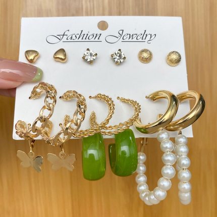 9 Pair- Korean Trendy Pearl Stud and Zircon Stone Combination Earrings Set