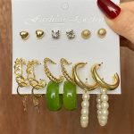 9 Pair- Korean Trendy Pearl Stud and Zircon Stone Combination Earrings Set - Image 2
