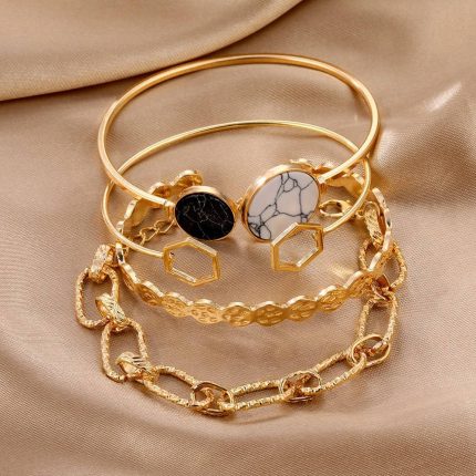 4 Pcs Set Trendy Jewelry Retro Acrylic Studded Exaggerated Women's Fashion Combination Bracelet