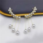 Fashionable Trendy Feather Shape Zircon Rounded Pearl Stone Earrings - Image 2