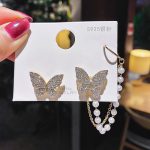 Fashionable Trendy Butterfly Pearl Stud Stone Earrings - Image 4